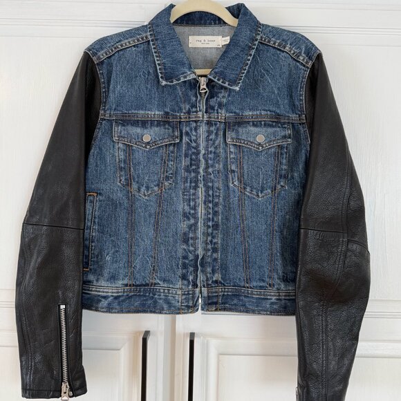 Rag & Bone Nico Leather & Denim Crop Jacket - Large - Picture 1 of 6